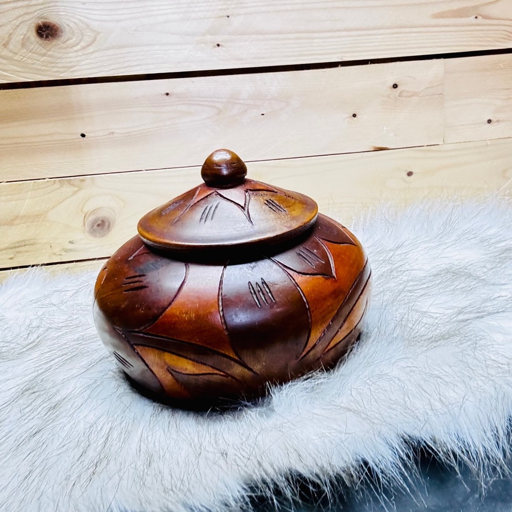 Vintage wooden hand carved Haitian trinket box with lid
